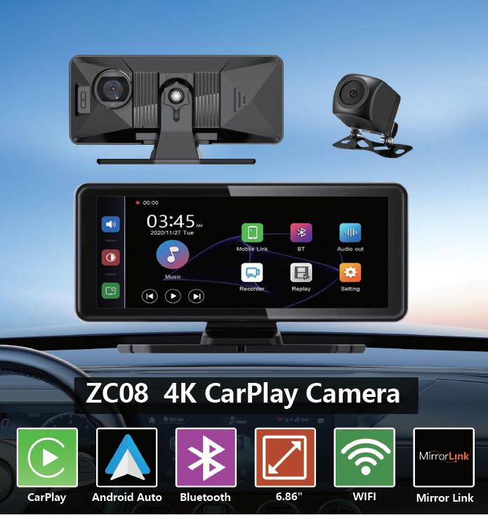 Bepocam Wireless Carplay Touchscreen with 4K Dash Cam6.86 Portable Apple Carplay & Android Auto Car Stereo Carplay Screen with 1080p Backup Camera GPS Navigation/Mirror Link/Voice Control/Bluetooth