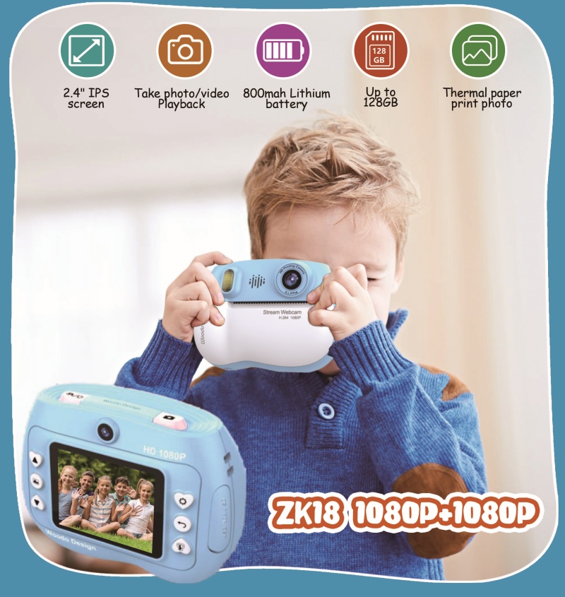 ZK18 1080P+1080P Kids Camera  thermal paper  printing  photo camera  baby camera