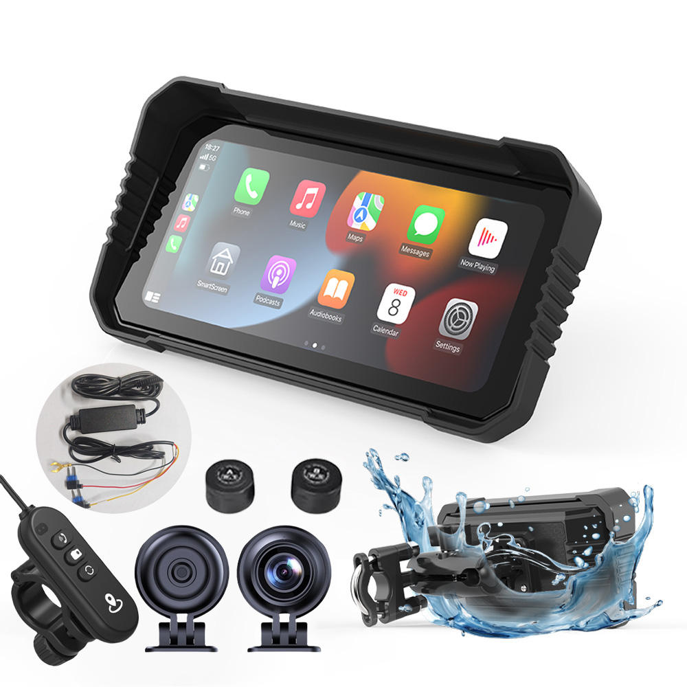 ZC15B 6.25Inch Wireless Motorcycle Carplay camera GPS Navigation System with Apple Carplay and Android Auto, 1080p+1080p with Bluetooth+Tire pressure detector+ Wired Remote Controller+GPS, Waterproof