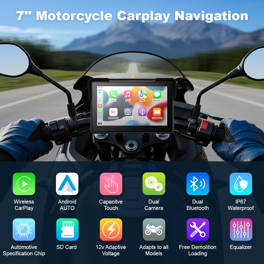ZC18S 2k+2k 7Inch Wireless Motorcycle Carplay camera GPS Navigation System with Apple Carplay and Android Auto, Portable Moto Car Play Screen with Dual Bluetooth, Navigation, Siri, Google Assistant, Anti-Glare